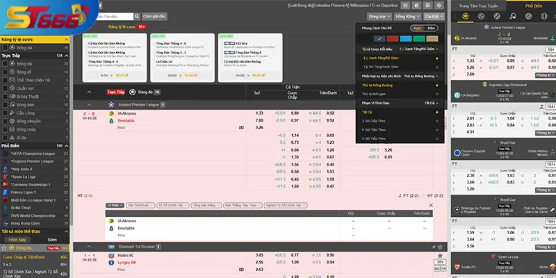 Giao diện bộ lọc kèo thể thao ST666 hỗ trợ phân tích chiến lược cá cược