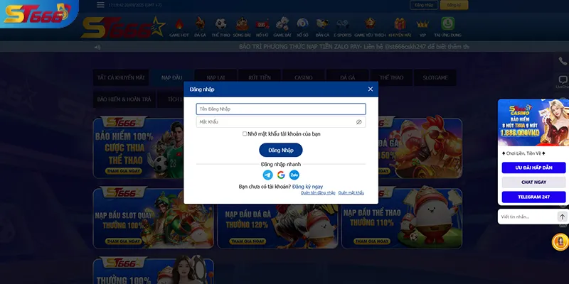Giao diện đăng nhập ST666 với form tên tài khoản và mật khẩu