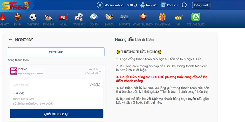 Giao diện nạp tiền ST666 bằng ví MoMo, chỉ mất chưa tới 2 phút